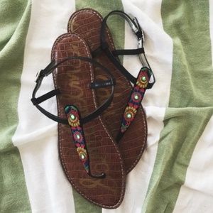 SAM EDELMAN Gigi Thong Bombay Black and Colorful Embroidered T-Strap Sandals